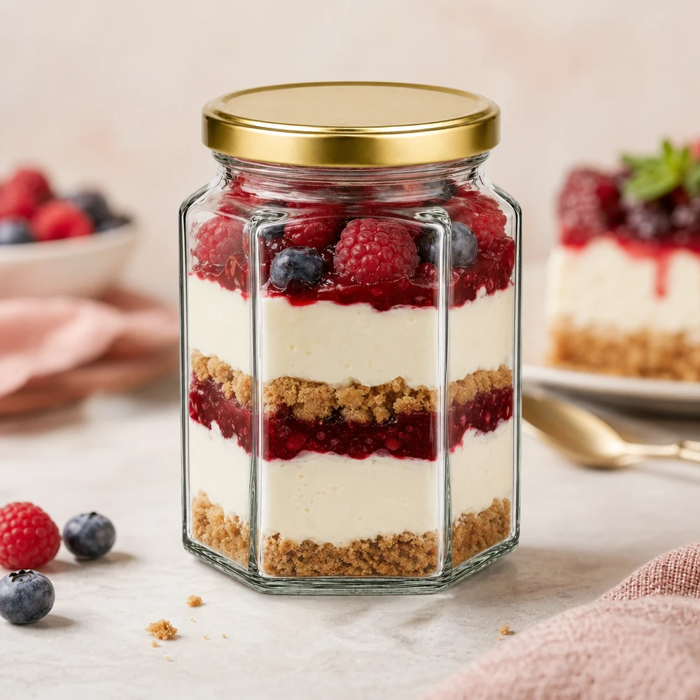 288ml hexaglas met BasicSeal deksel goud UNiTWIST 288ml Hexaglas BasicSeal gold mit Schicht-Dessert aus Beeren und Creme zeigt elegante Präsentation von Nachspeisen