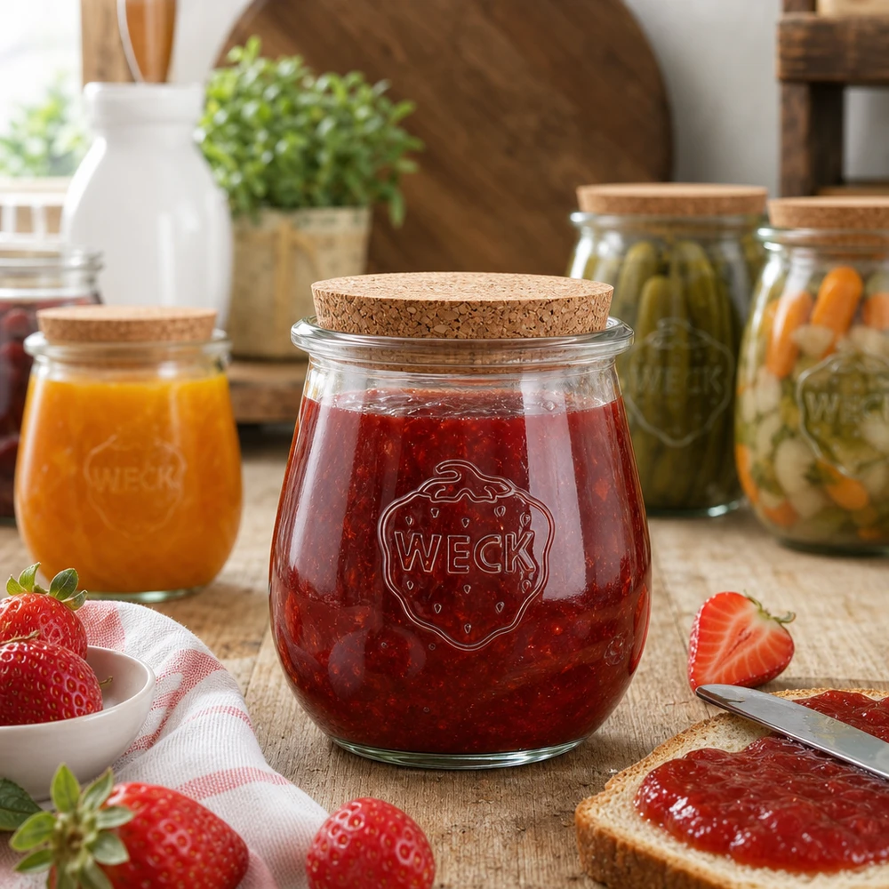 220ml tulpenglas WECK RR60 met kurk WECK tulpenpot met kurk gevuld met aardbeienjam in een gezellige keukensetting met vers fruit