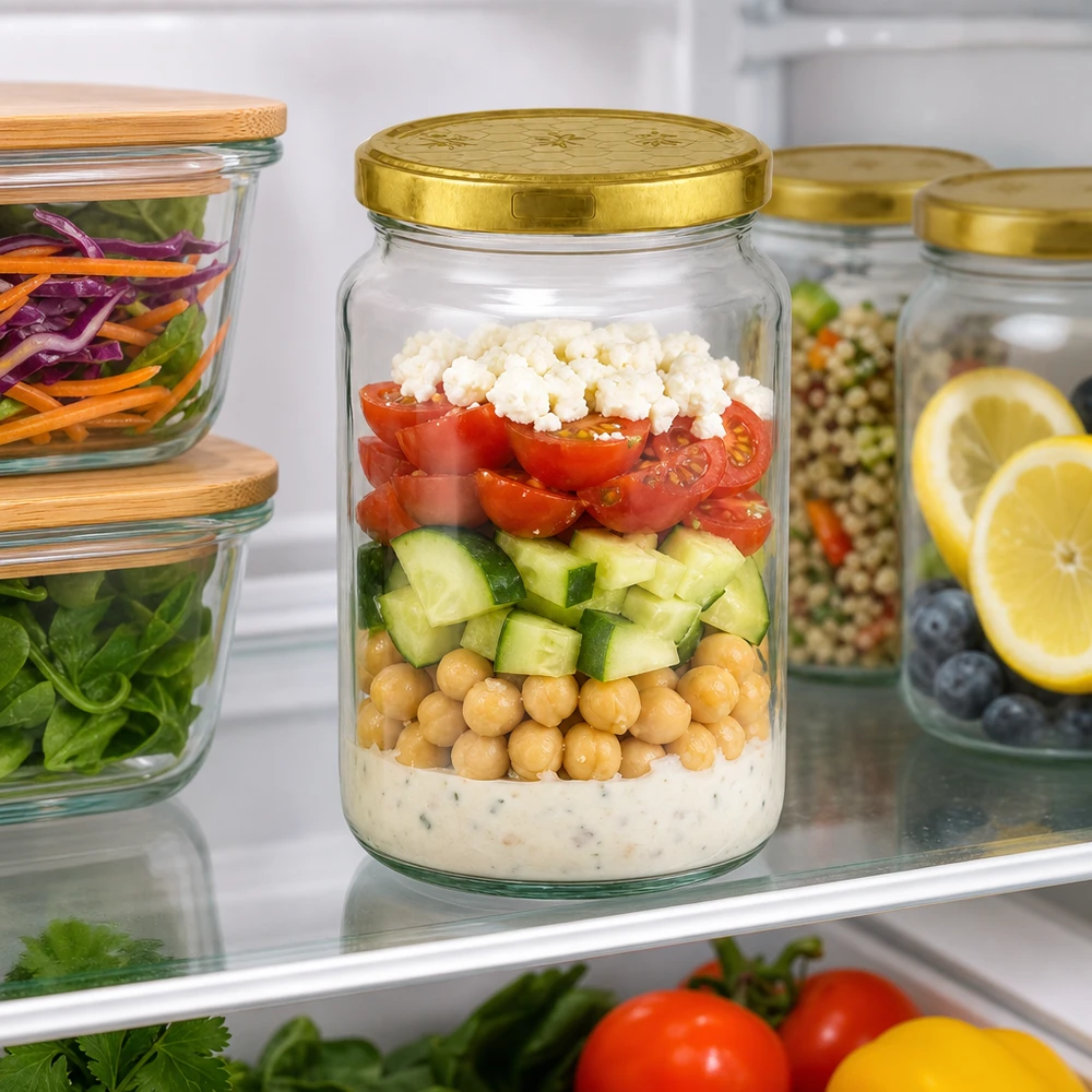 795ml rond glas met BasicSeal deksel Honingraat UNiTWIST 795 ml ronde pot met gouden deksel voor maaltijdsalade in de koelkast - perfect om te bewaren
