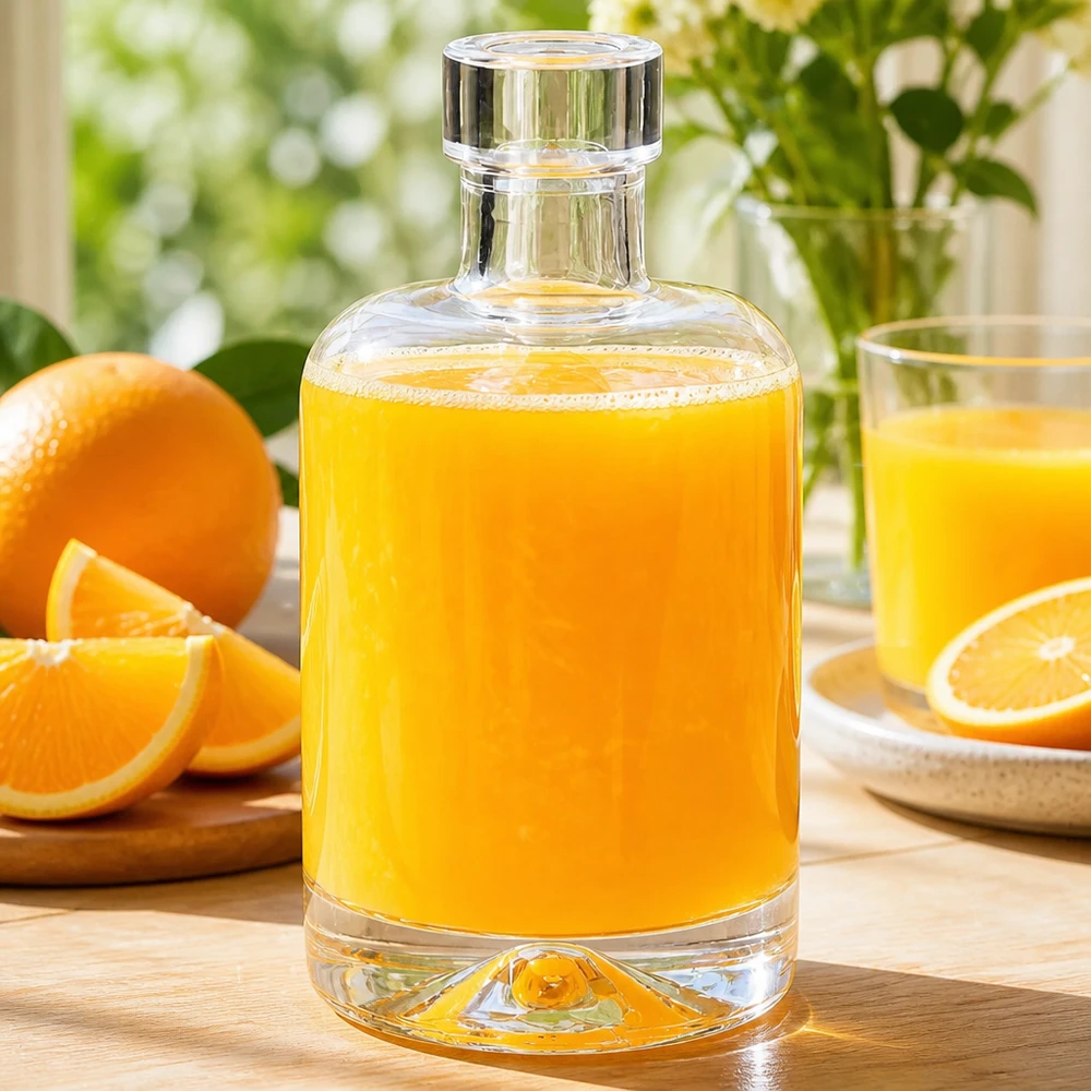50 ml glazen fles 50ml Glasflasche "Amelie" ohne Verschluss UNiTWIST zonder sluiting UNiTWIST® 50ml glazen fles Amelie gevuld met sinaasappelsap naast verse sinaasappels toont gebruik voor vruchtensappen en smoothies