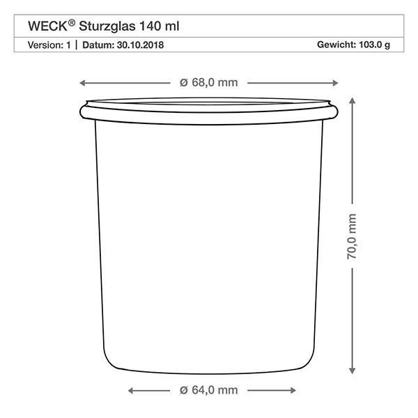 WECK stortglas 140ml compleet met honinglepel en strikje WECK beker 140ml technische tekening afmetingen afmetingen 68mm diameter 70mm hoogte productspecificatie