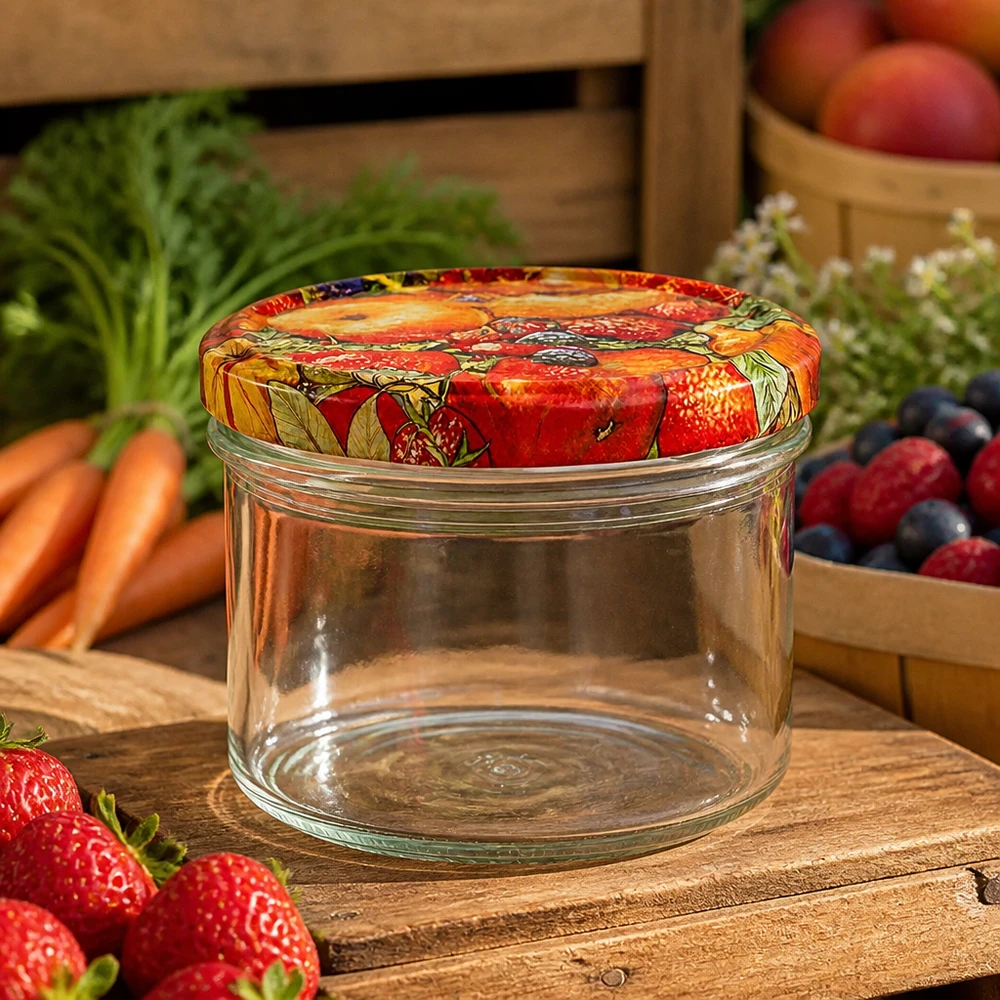 225ml bekers met BasicSeal deksel Fruit decor UNiTWIST 225ml tuimelschalen fruitdecor op houten plank met verse bessen, wortelen en appels voor natuurlijke bewaring