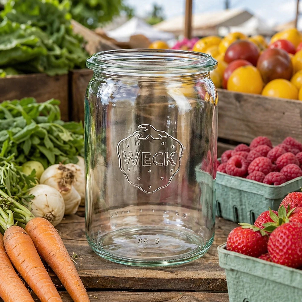 WECK RR40 cilindrische pot 145ml gepresenteerd op een marktkraam tussen verse wortelen, aardbeien, frambozen en kleurrijke groenten.