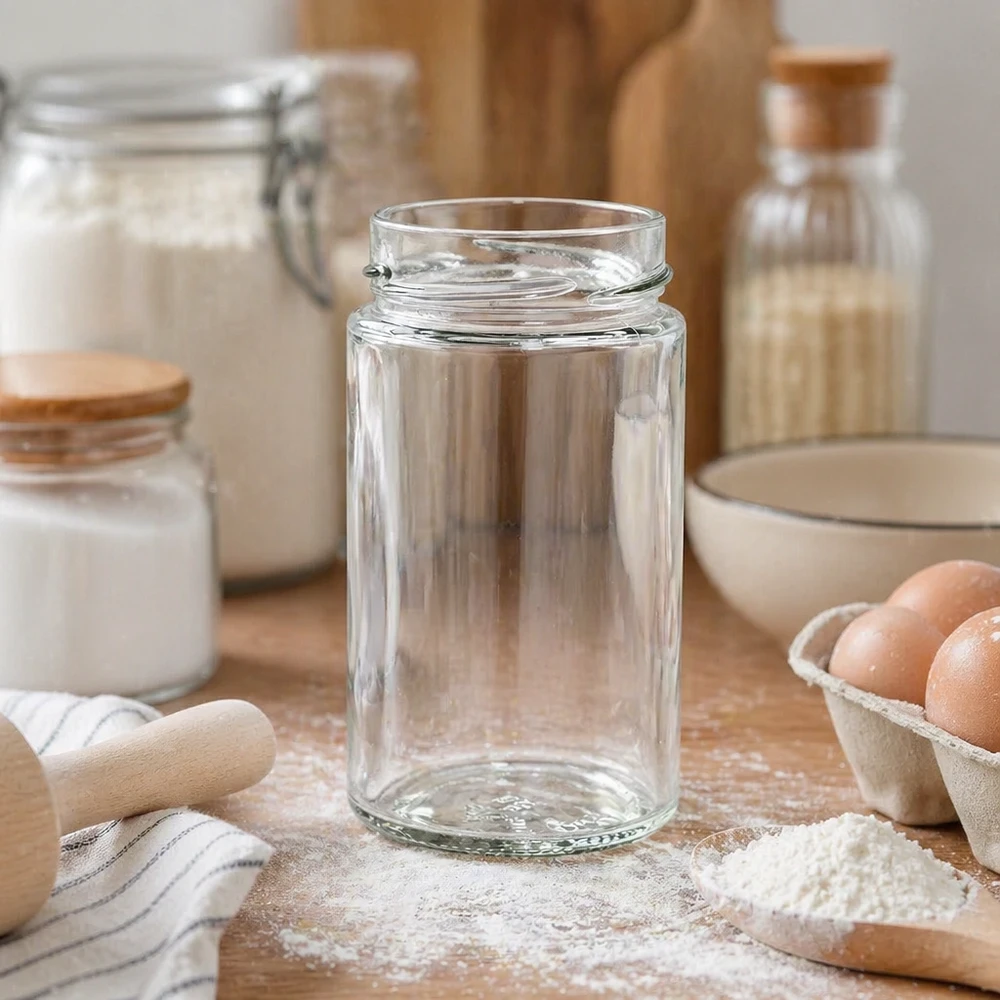 245ml rond glas zonder deksel (TO58deep) UNiTWIST Leeres Rundglas 245ml in Küche mit Kochzutaten - UNiTWIST Einmachglas für Vorratshaltung und Dekoration