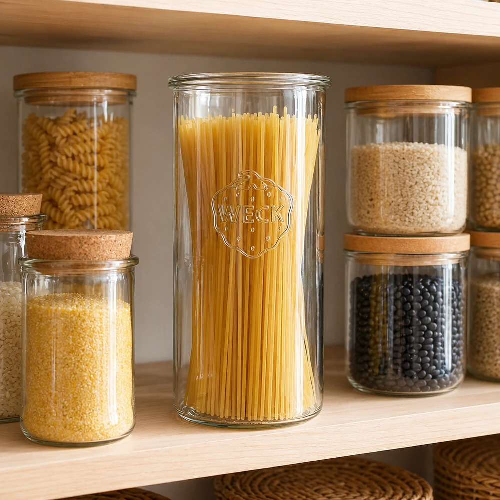 WECK RR100-pot van 1500 ml 1500ml WECK RR100 trommels gevuld met spaghetti in georganiseerde voorraadkast naast andere potten