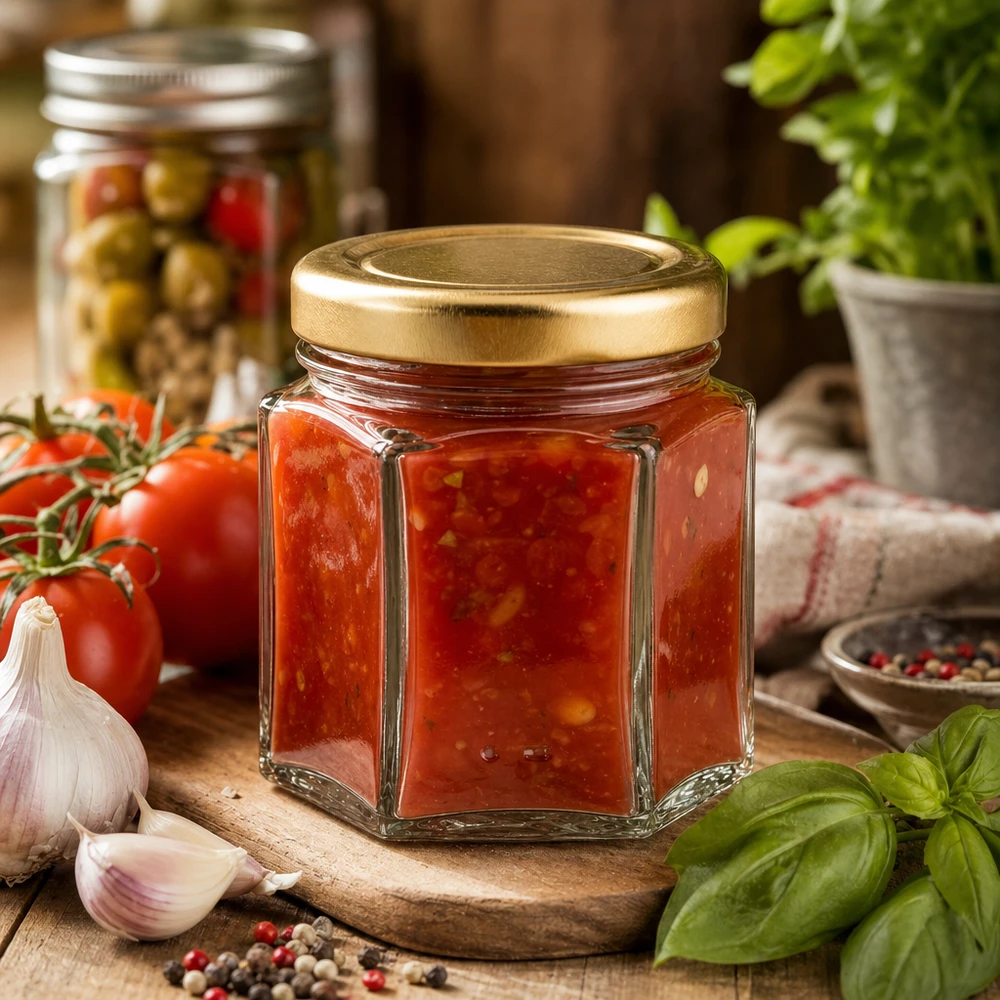 Honingpot 60 g met gouden deksel BasicSeal UNiTWIST 60g zeshoekig honingpotje gevuld met tomatenjam omringd door verse tomaten, knoflook en basilicum