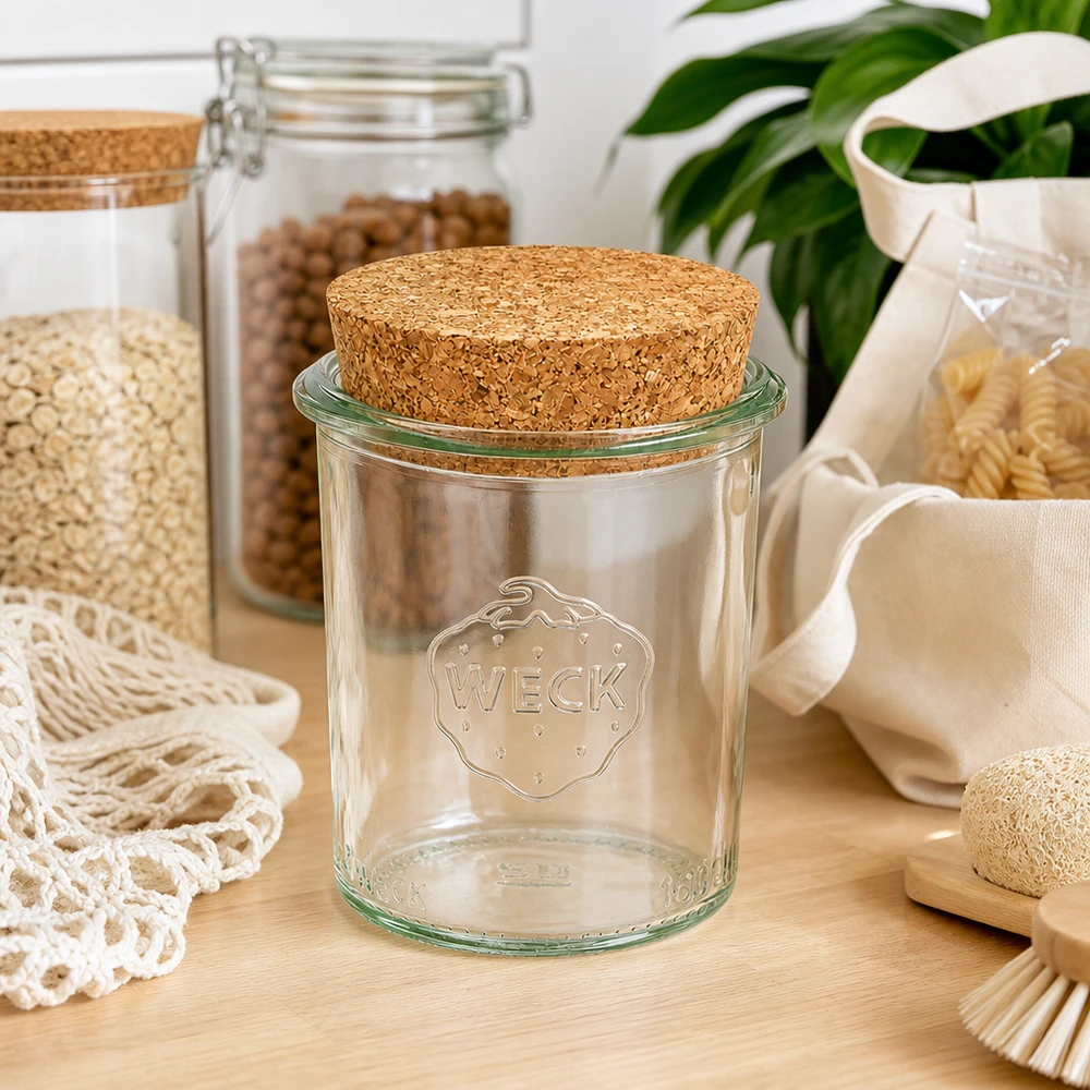 WECK voorraadpot 160ml RR60 met kurkdeksel in duurzame zero-waste keuken tussen voorraadpotten en natuurlijk textiel