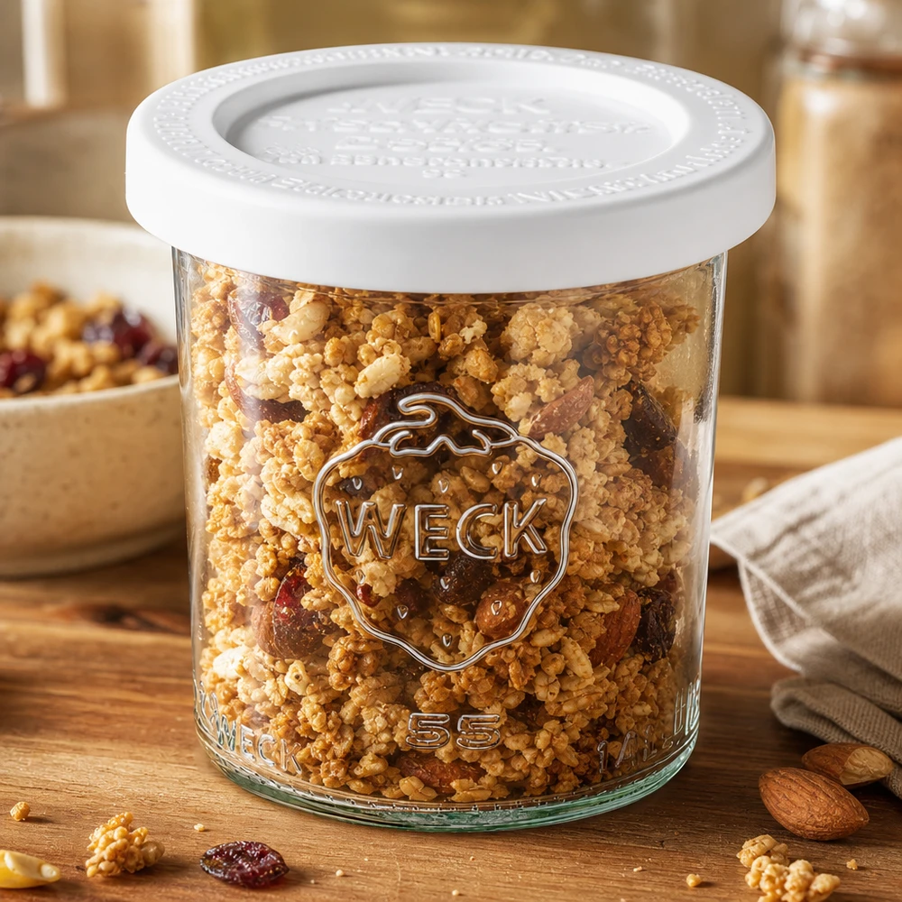 WECK RR60-pot van 140 ml met vershouddeksel WECK RR60 voorraadpot 140 ml gevuld met muesli en noten - veelzijdige voorraadpot voor droge voedingsmiddelen