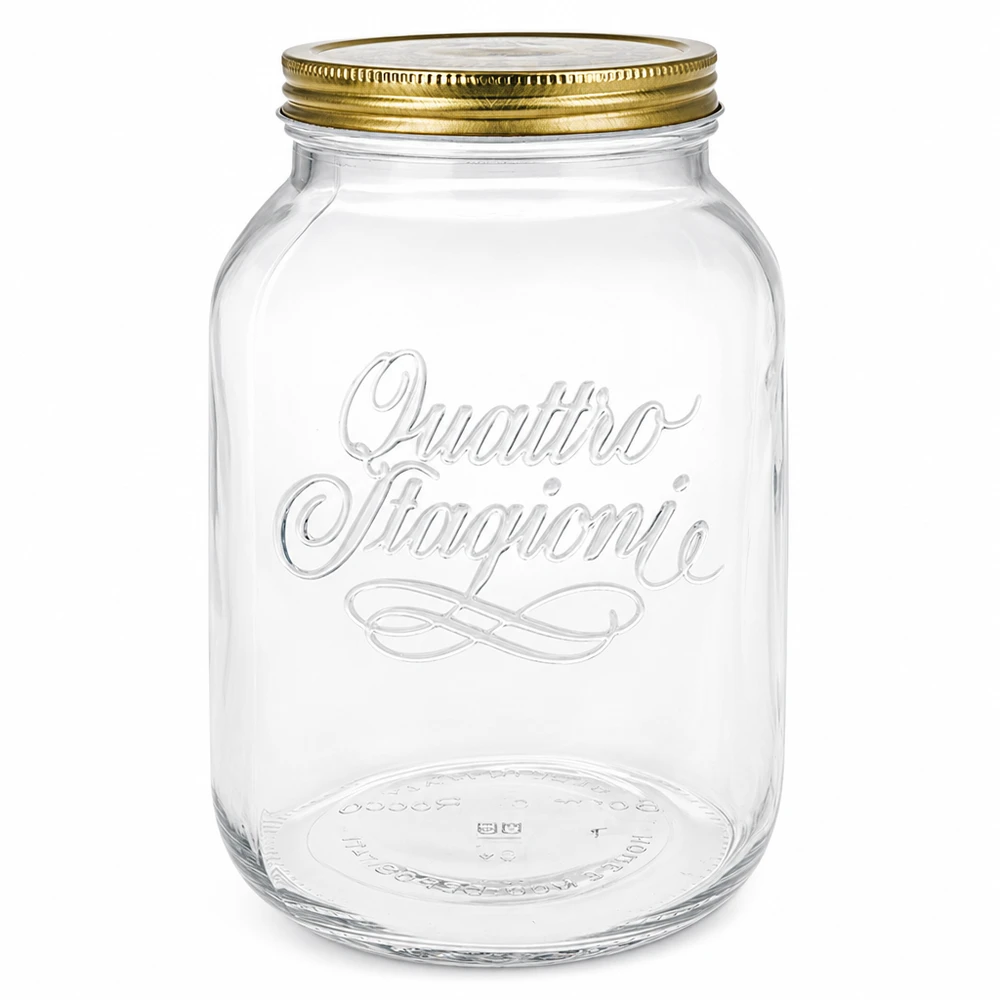 3000 ml rond glas "Quattro Stagioni" met deksel Lege ronde 3000 ml Quattro Stagioni pot met gouden schroefdeksel en logo in reliëf op witte achtergrond