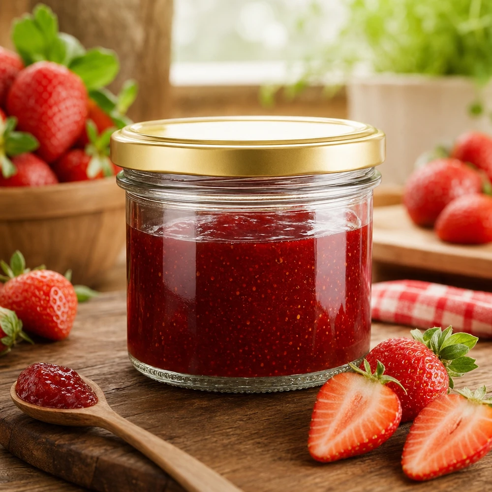 125ml bekers met BasicSeal deksel goud UNiTWIST 125ml Sturzglas mit goldenem BasicSeal Deckel gefüllt mit Erdbeermarmelade auf Holzbrett mit frischen Erdbeeren