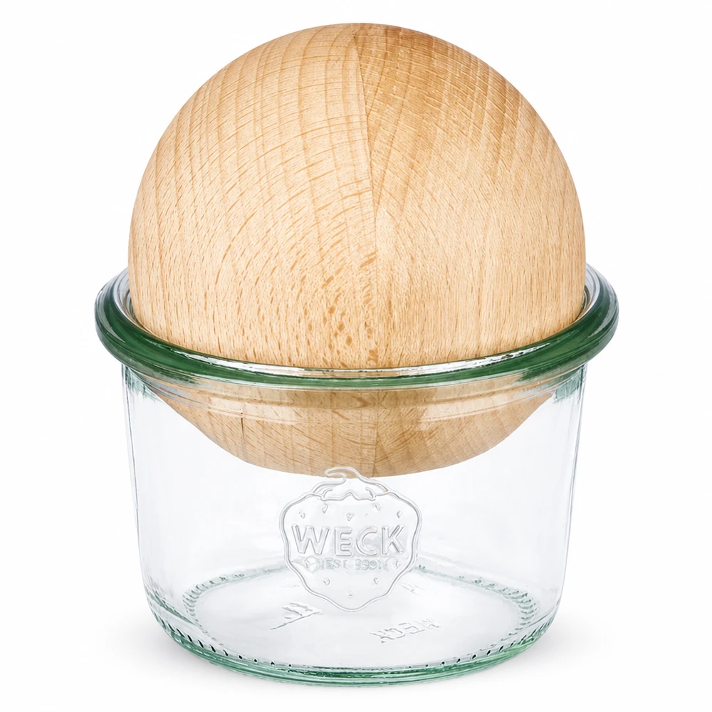 80ml stortglas WECK RR60 met houten bal WECK beker 80ml RR60 met beukenhouten boldeksel op witte achtergrond