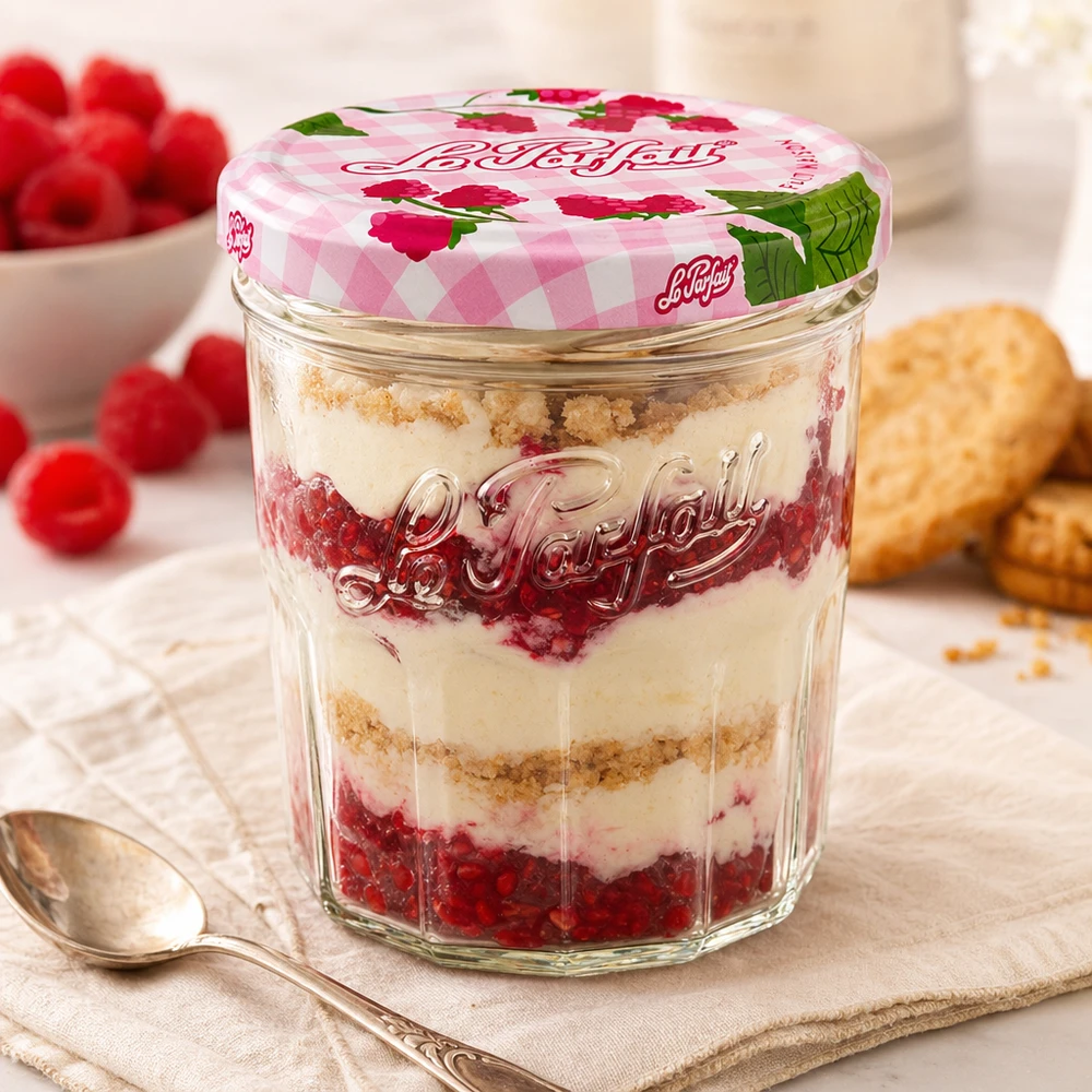 Le Parfait® Jam 324 ml Ø82 mm confituurpot 324ml Le Parfait bekers met framboos en mascarpone dessert en decoratieve schroefdeksel naast lepel en koekjes