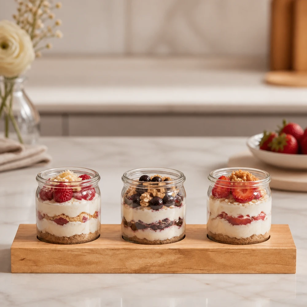 Serveerplank Plano3 voor 3 WECK-glazen Plano3 serveerplank met drie WECK potten gevuld met yoghurtdesserts en bessen op een marmeren aanrecht