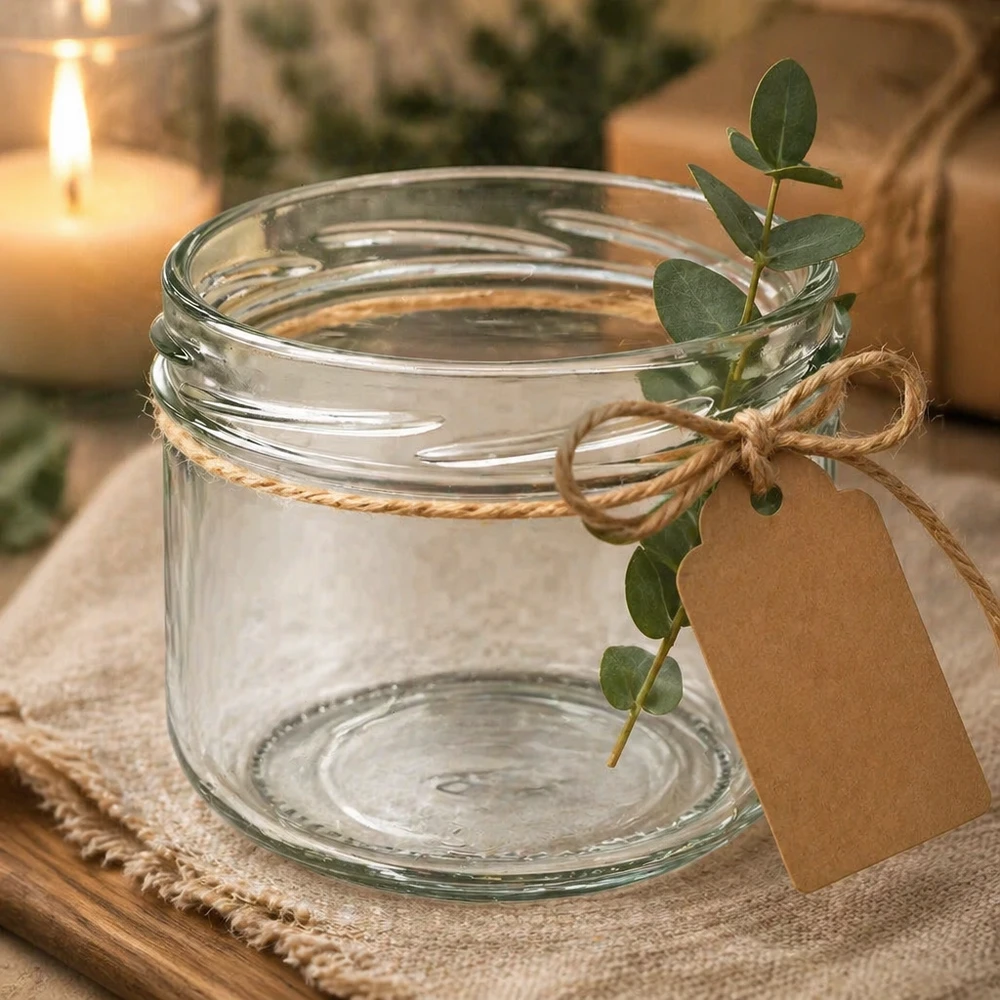 UNiTWIST Sturz260 ronde pot 260ml TO82 inmaakpot leeg met jute lint label en eucalyptus decoratie