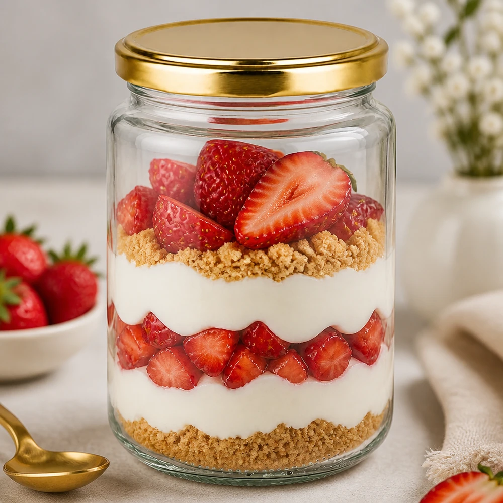 382ml rond glas met BasicSeal deksel goud UNiTWIST 382 ml rond glas met gouden deksel als dessertglas met aardbeien en koekkruimels in een elegante keukensetting