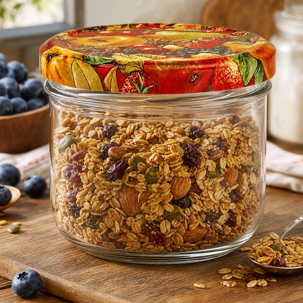 260ml bekers met BasicSeal deksel Fruit decor UNiTWIST 260 ml inmaakpot met fruitdeksel gevuld met muesli en noten als voorraadpot in de keuken