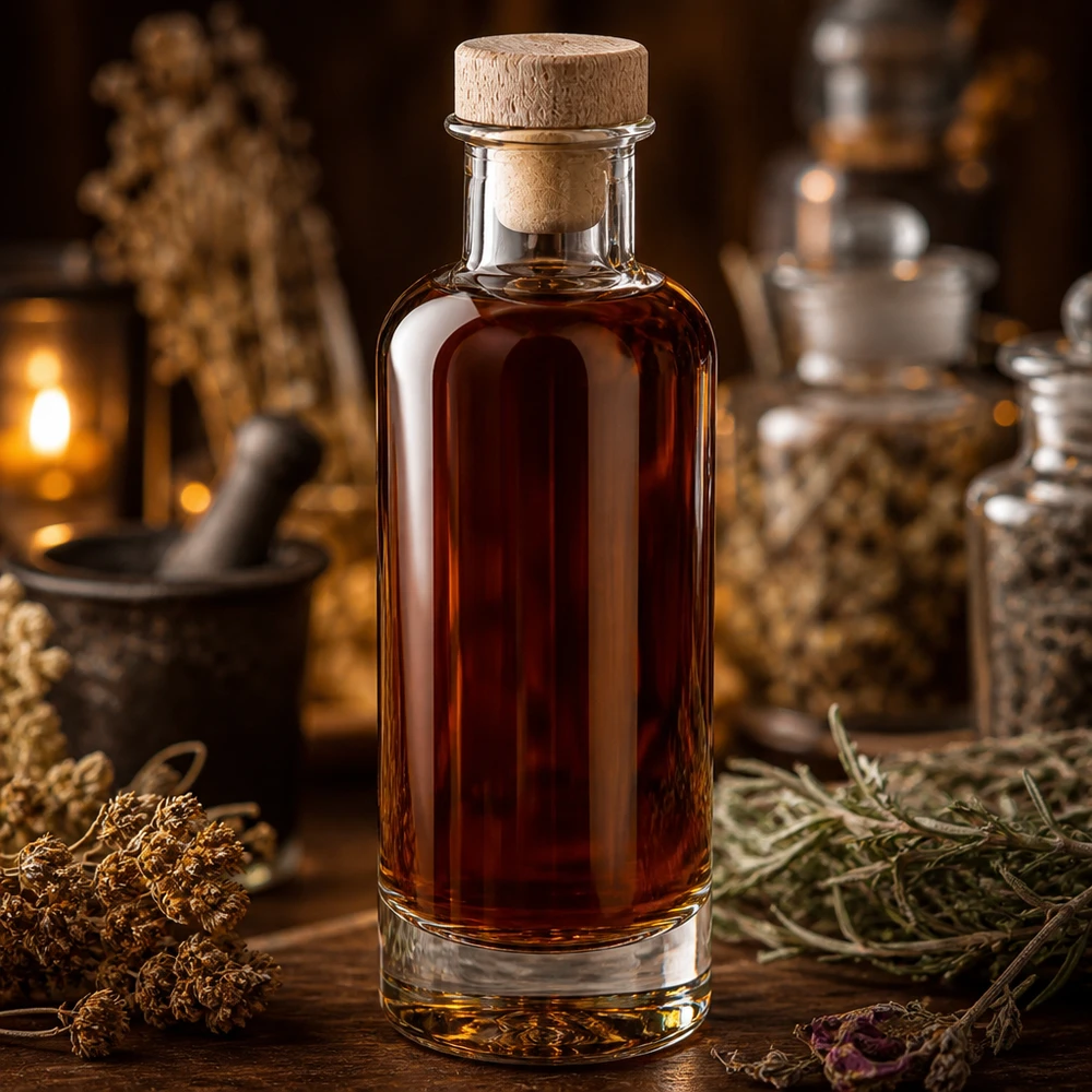200 ml glazen fles Ella met houten handgreepkurk UNiTWIST® 200ml Glasflasche Ella mit Holzkorken gefüllt mit braunem Elixier in rustikaler Alchemisten-Atmosphäre mit Kräutern
