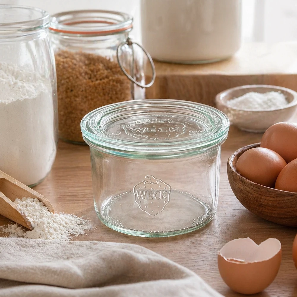 200ml stortglas met glazen deksel WECK RR80 WECK 200ml RR80 mason jar met glazen deksel in een rustieke keuken tussen bakingrediënten, bloem, eieren en voorraadpotten