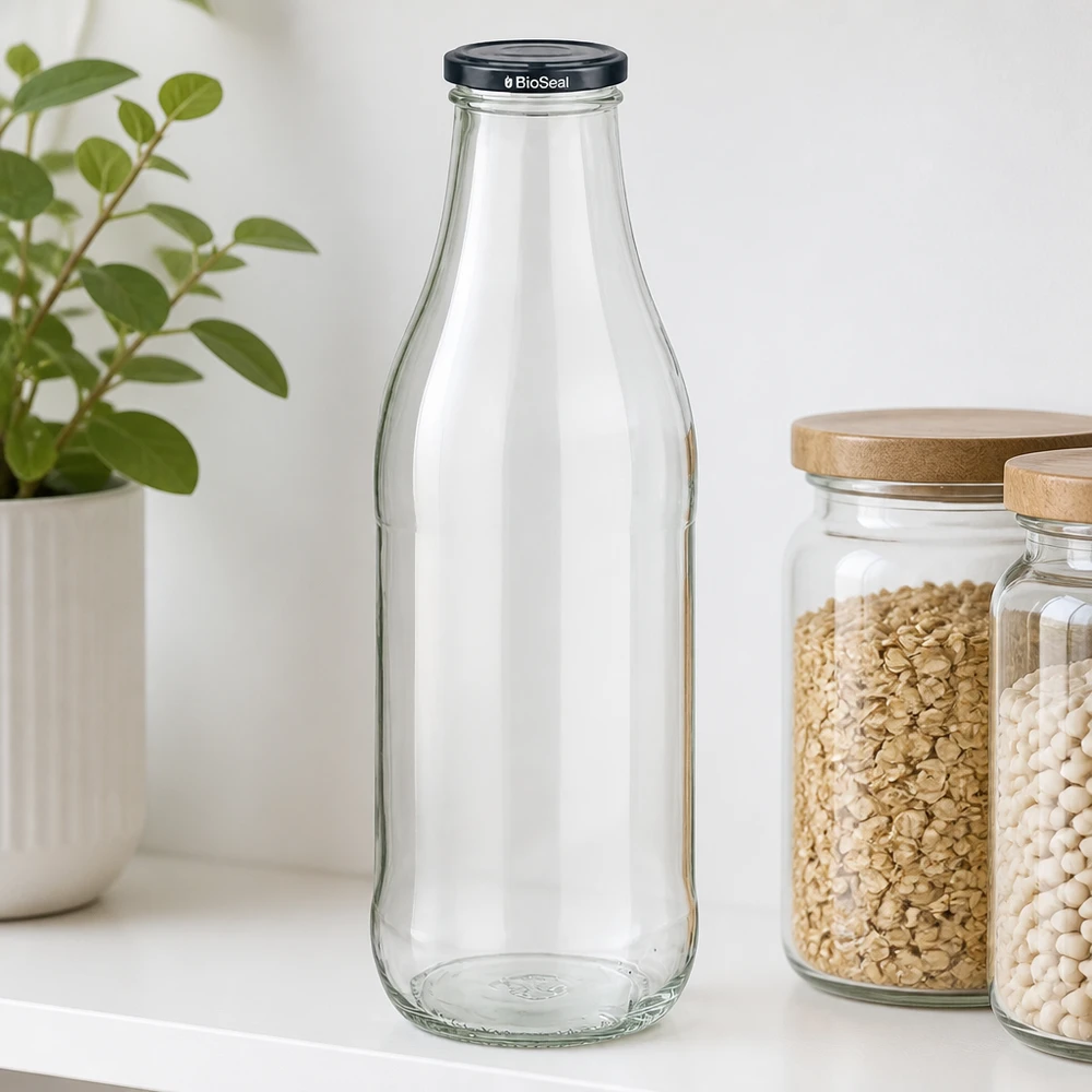 1000ml fles met BioSeal deksel zwart UNiTWIST 1000ml glazen fles BioSeal deksel zwart keukenplank havermout wit bonen voorraadpotten houten deksel plant