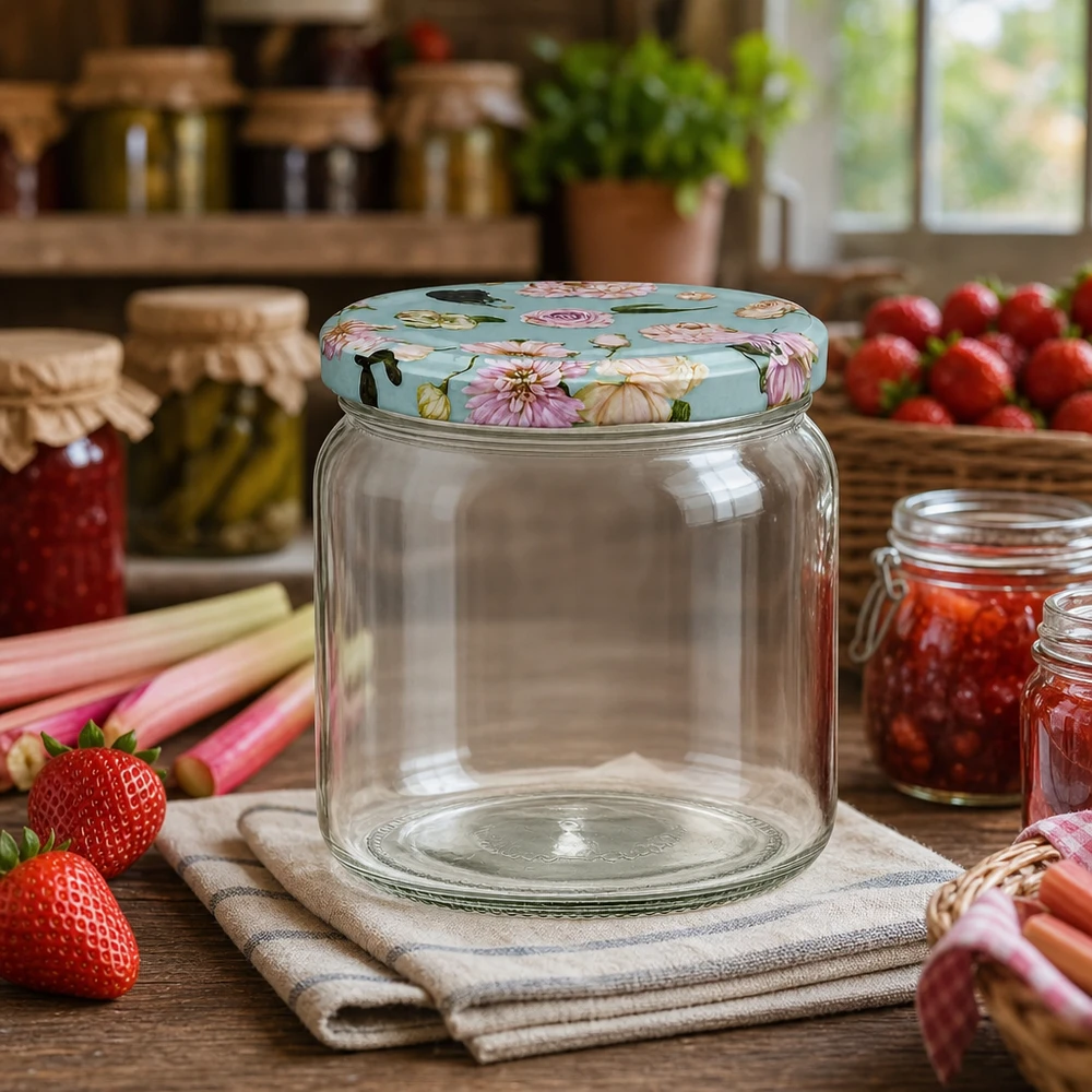 425ml ronde pot met BasicSeal deksel bloemenmunt in keuken met jam - inmaakpot voor jam en smeersels