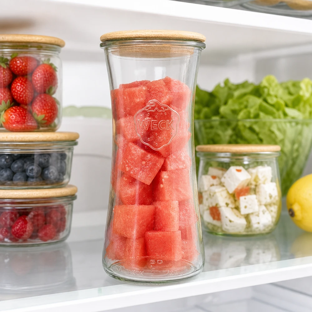 700ml delicatessenglas WECK RR80 met hout deksel WECK voorraadpot 700ml RR80 gevuld met watermeloen in de koelkast tussen verse bessen en salade
