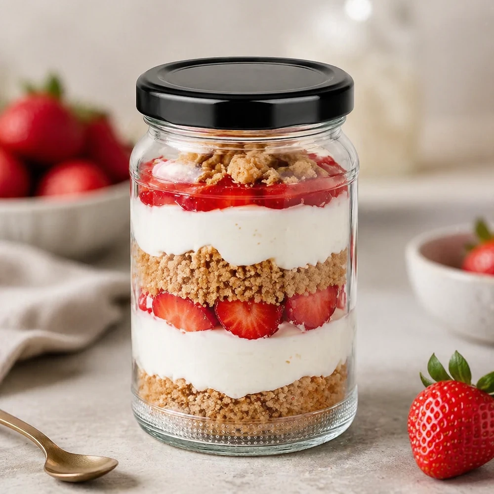 110ml rond glas met BasicSeal deksel zwart UNiTWIST UNiTWIST 110 ml ronde glazen dessertpot met aardbeien en room gelaagd dessert en zwart TO48 BasicSeal deksel