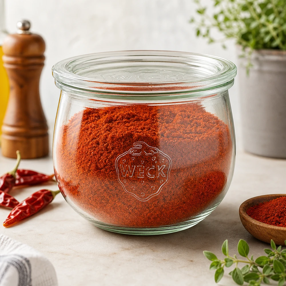 580ml tulpenglas met glazen deksel WECK RR100 WECK Tulpenglas 580ml RR100 mit rotem Paprikapulver gefüllt als stilvolle Gewürz-Aufbewahrung in der Küche