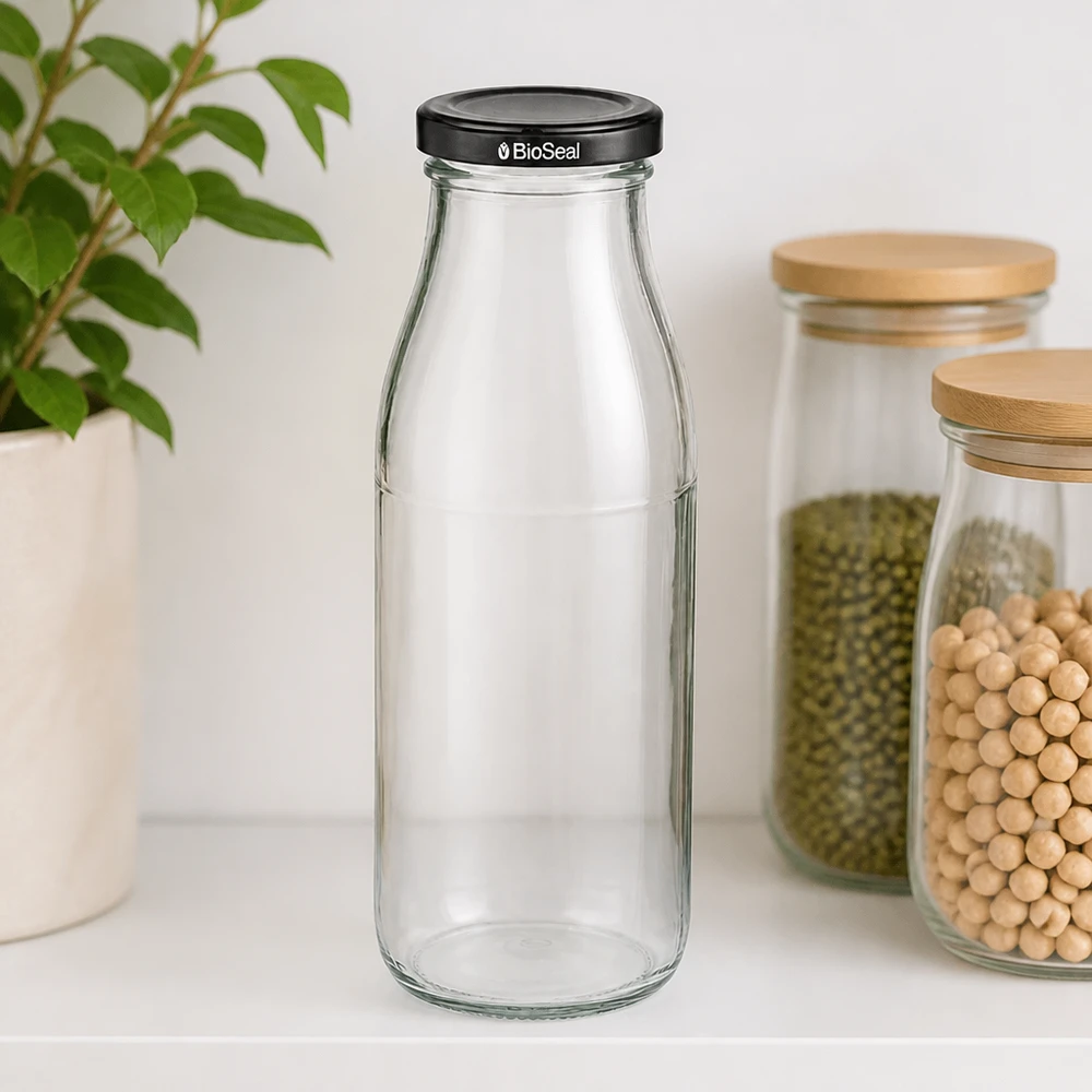 500ml fles met BioSeal deksel zwart UNiTWIST 500 ml glazen fles met zwart BioSeal deksel in keukenomgeving naast voorraadpotten met peulvruchten en planten