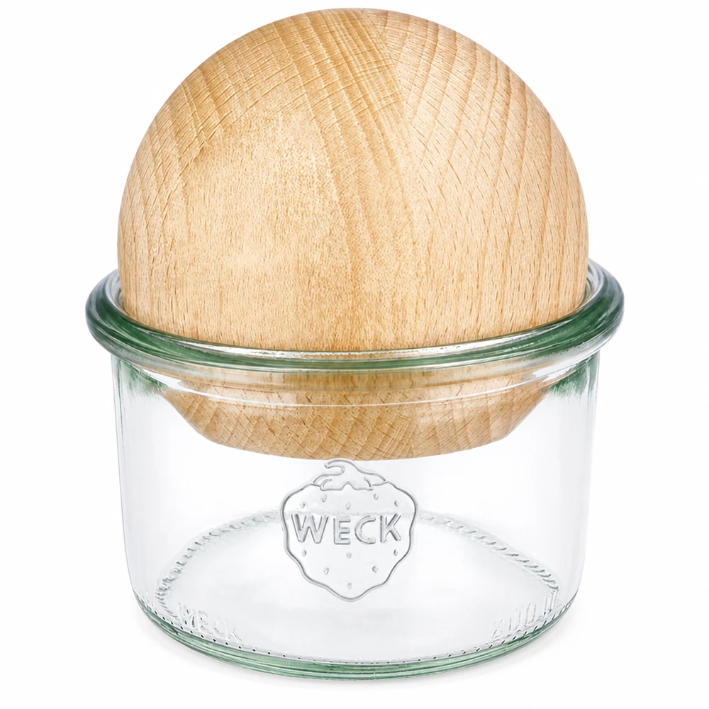 200ml stortglas WECK RR80 met houten bal WECK beker 200ml RR80 met houten bol beuken deksel, helder glas met WECK logo, duurzame voorraadpot