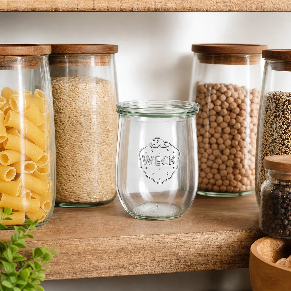 1062ml tulpenglas met glazen deksel WECK RR100 WECK tulpvormige voorraadpot 1062ml keukenkast voorraadkast gevuld met pasta rijst peulvruchten houten plank