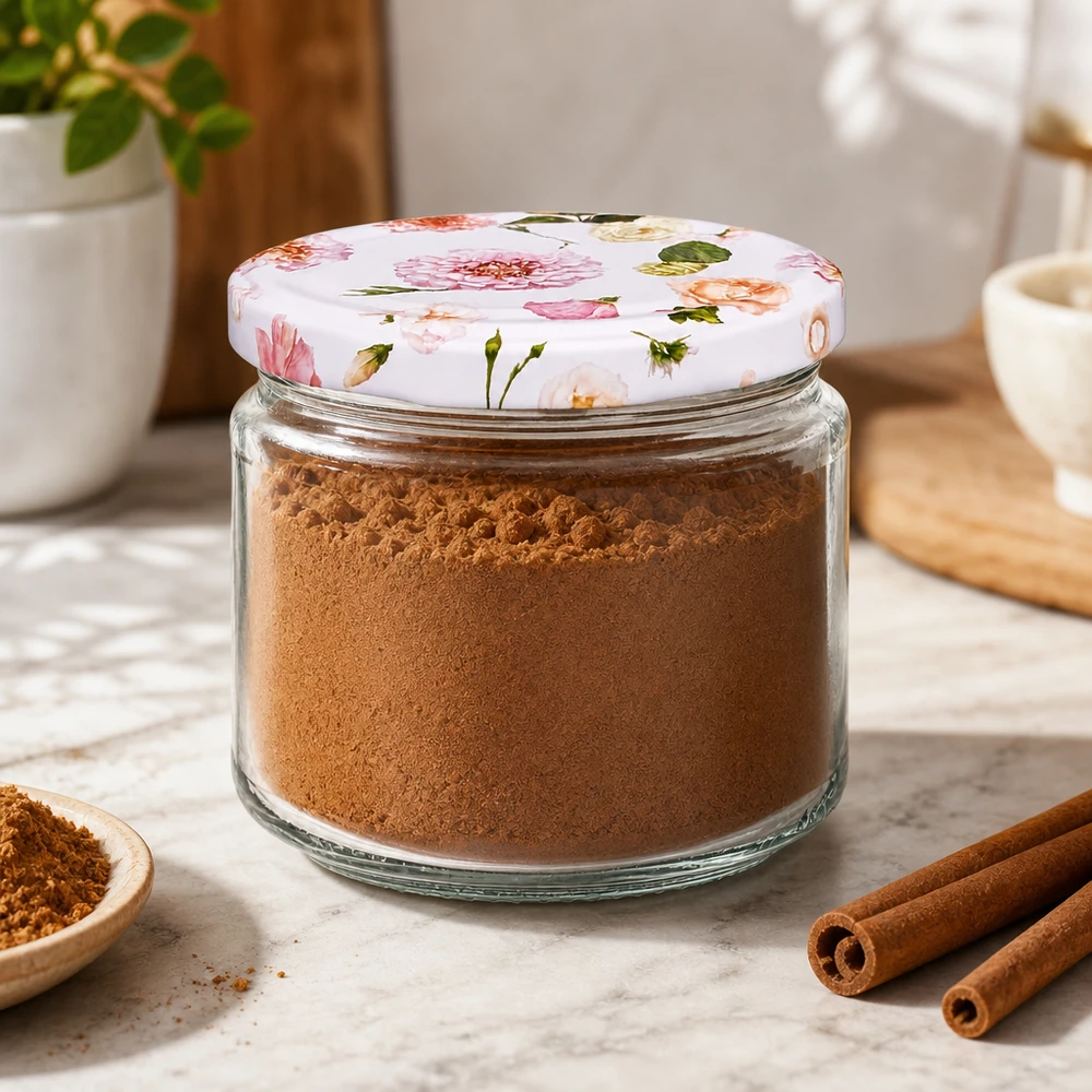 Ronde pot van 330 ml + deksel BasicSeal roze bloem UNiTWIST 330ml ronde pot roze bloemdecor gevuld met cacaopoeder kaneel specerijen keuken voorraadpot luchtdicht afgesloten