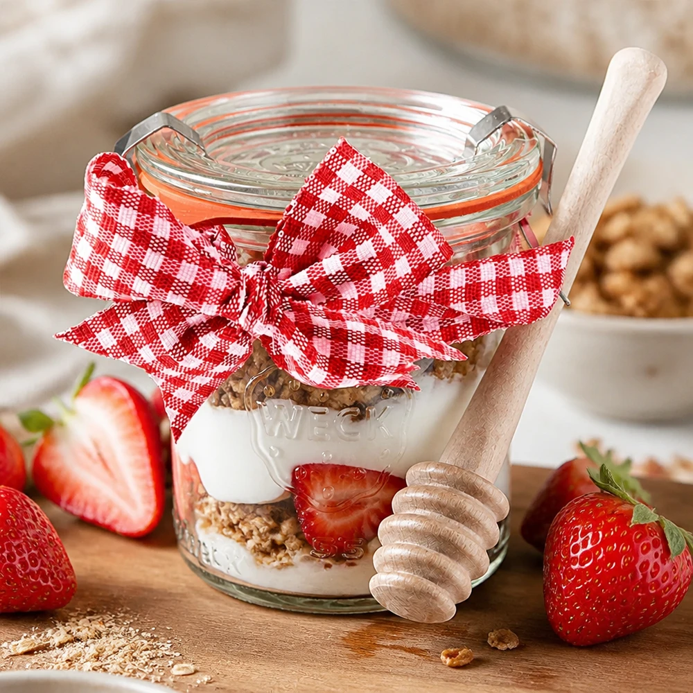 WECK stortglas 140ml compleet met honinglepel en strikje WECK mini mason jar 140ml yoghurt muesli aardbeien gelaagd dessert honing lepel hout Vichy strik rood wit