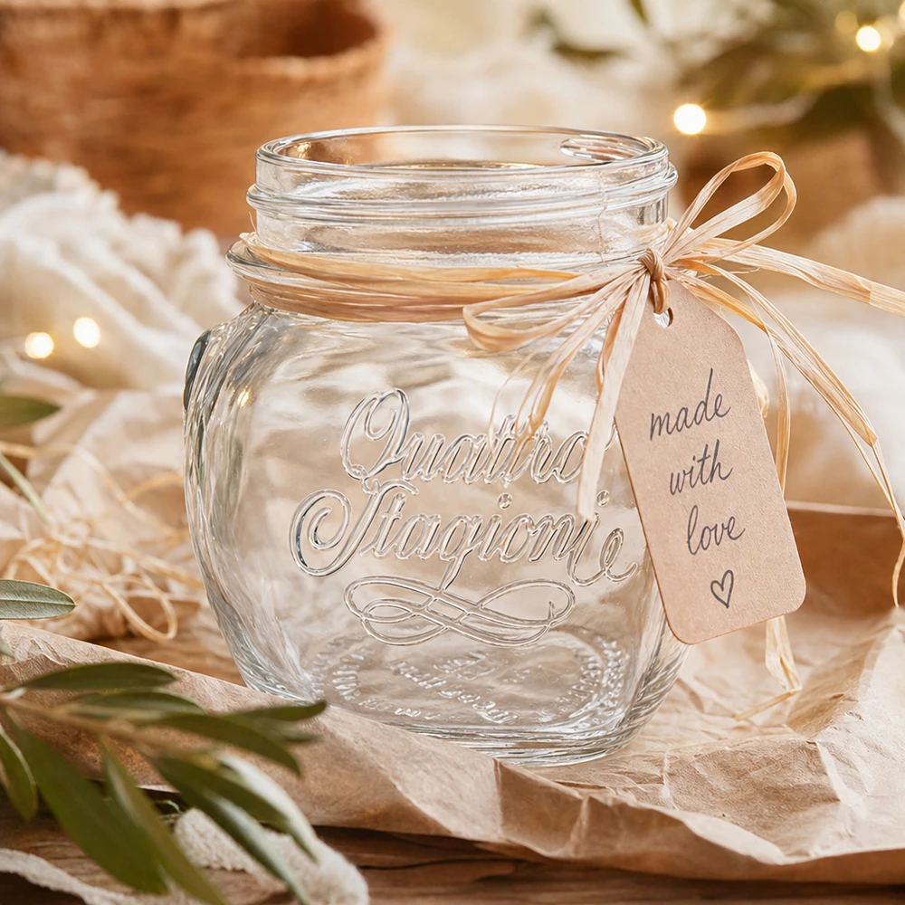 300ml Quattro Stagioni huishoudpot met deksel en strik als cadeauverpakking op een houten tafel