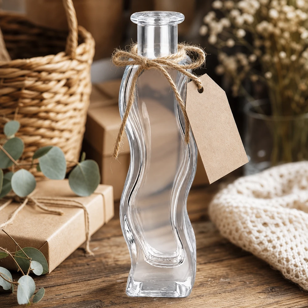 Glazen fles Melissa 100 ml met hanger van kraftpapier en jute koord gedecoreerd in een rustieke sfeer met eucalyptus