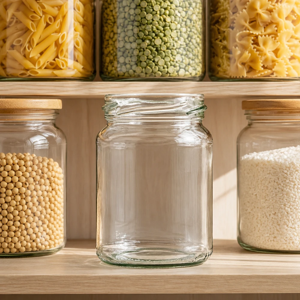 205ml rond glas zonder deksel (TO58) UNiTWIST UNiTWIST Runda205 ronde pot 205ml TO58 lege inmaakpot in keuken met gevulde voorraadpotten pasta linzen rijst