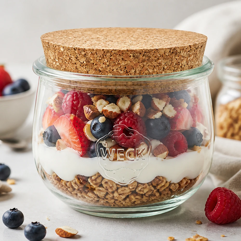 580ml tulpenglas WECK RR100 met kurk WECK tulp pot 580ml met kurken deksel als muesli pot gevuld met yoghurt, bessen en noten Ontbijt in een potje