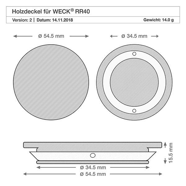 Houten deksel WECK RR40 Technische tekening houten deksel WECK RR40 met afmetingen diameter 54,5mm en 34,5mm hoogte 5mm gewicht 14g