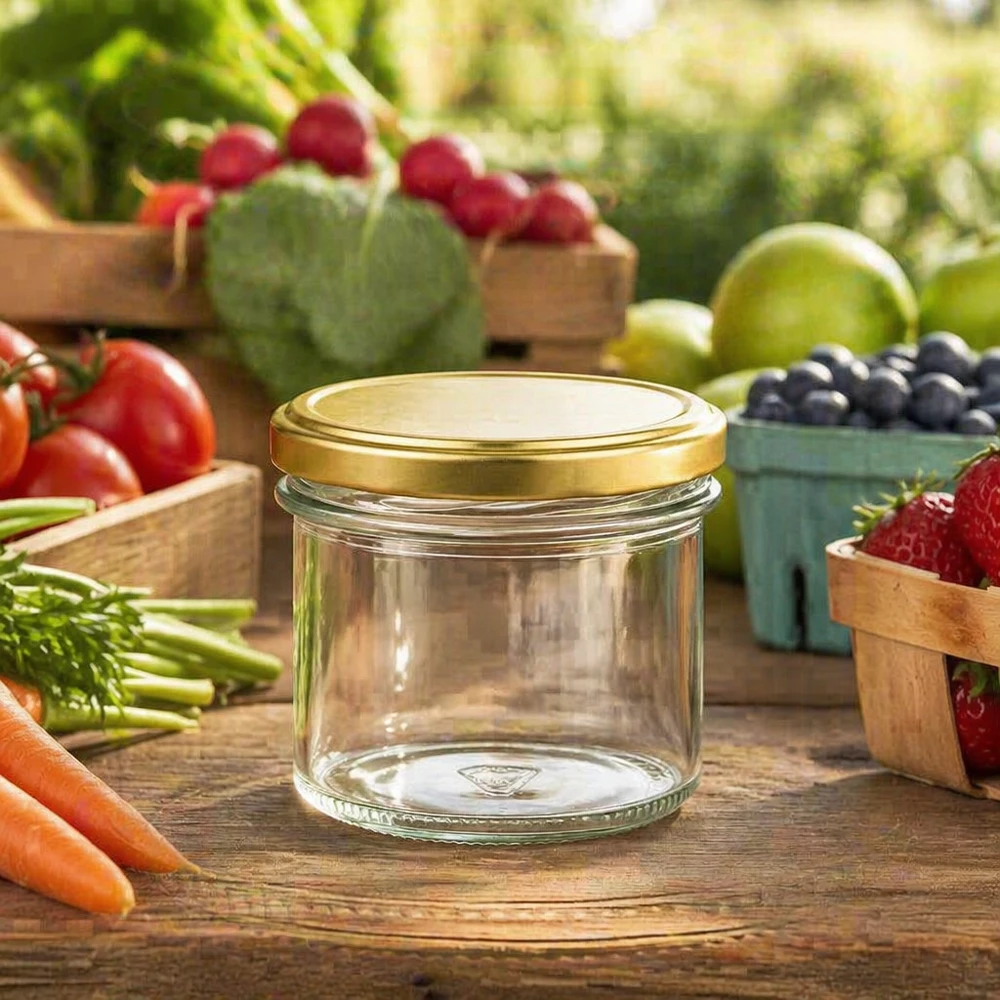 125ml bekers met BasicSeal deksel goud UNiTWIST 125ml Sturzglas mit goldenem Deckel zwischen frischem Obst und Gemüse - ideal für hausgemachte Marmelade