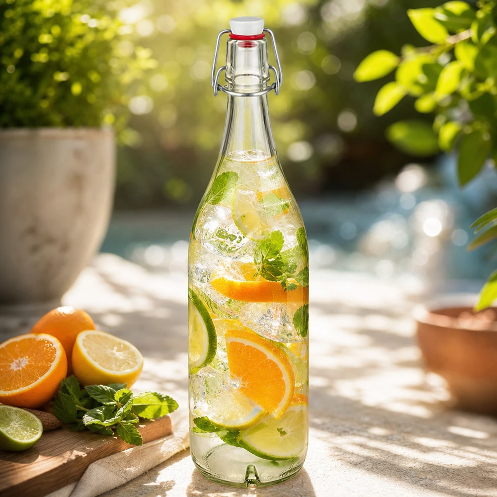 Glazen fles van 1000 ml + porseleinen slingerdop UN... 1000ml glazen fles met draaidop gevuld met citrus punch sinaasappel limoen munt op een zonnig terras