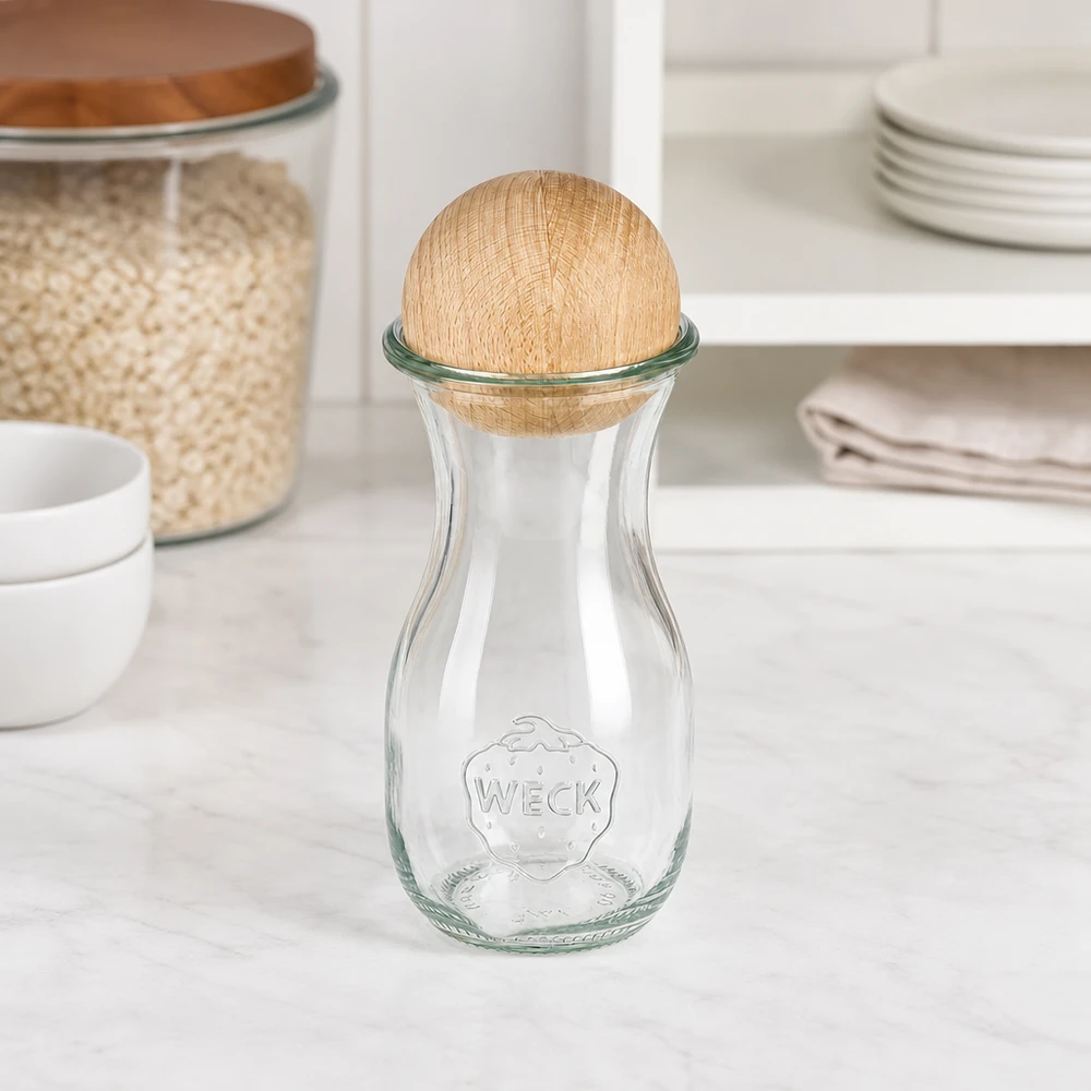 290ml sapflessen WECK RR60 met houten bal WECK glazen fles 290ml RR60 met beukenhouten bol in witte keuken naast voorraadpotten en serviesstapel