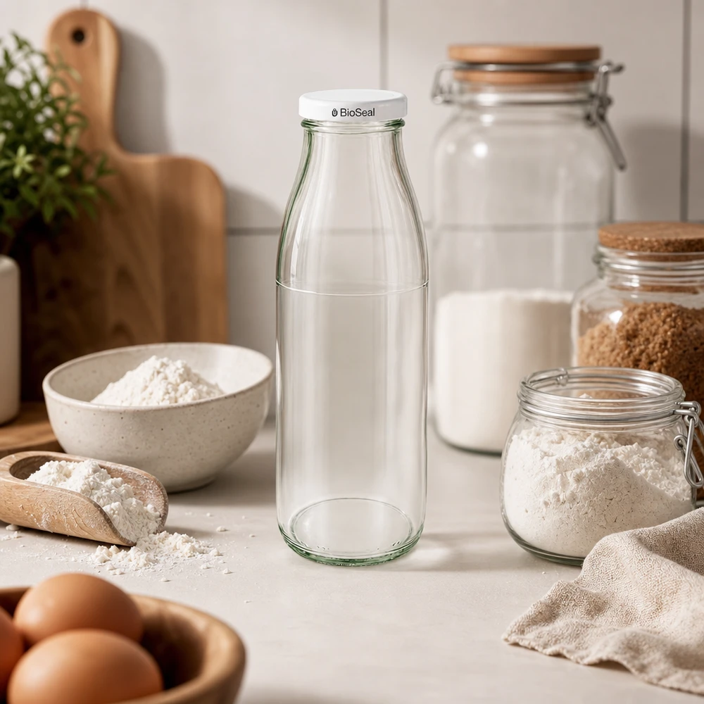 500ml fles met BioSeal deksel wit UNiTWIST 500ml Glasflasche mit weißem BioSeal Deckel in skandinavischer Küche zwischen Mehl, Eiern und Vorratsgläsern