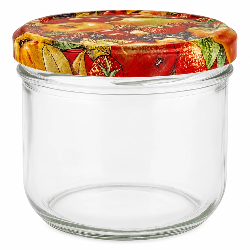 260ml bekers met BasicSeal deksel Fruit decor UNiTWIST 260 ml inmaakpot met kleurrijk fruitdecor deksel, lege inmaakpot voor jam en conserven