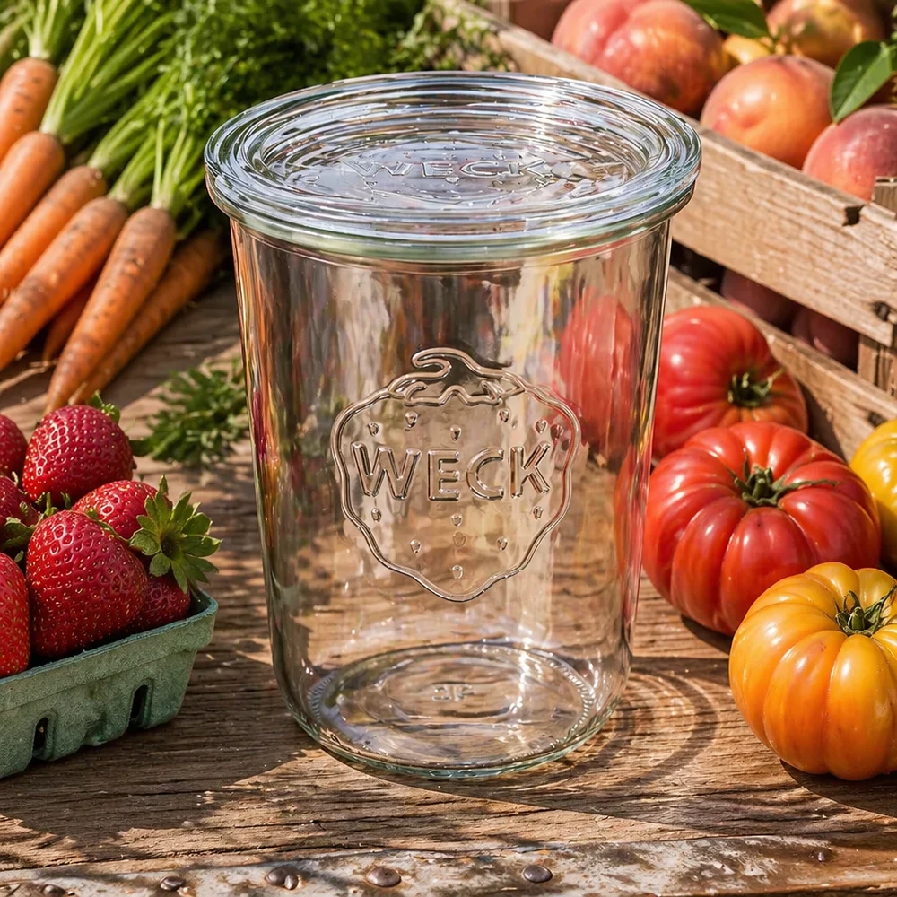 WECK RR100 glazen pot van 850 ml met glazen deksel WECK tumblers 850ml RR100 omringd door verse groenten fruit toont veelzijdig gebruik voor maaltijdvoorbereiding en opslag.