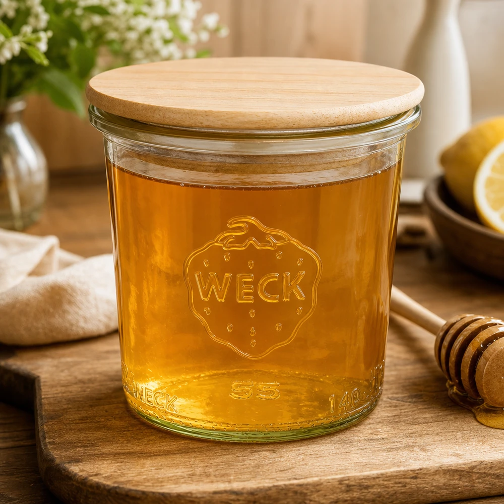 140ml stortglas WECK RR60 met hout deksel WECK 140ml RR60 pot gevuld met honing en houten deksel toont veelzijdigheid voor zoet broodbeleg