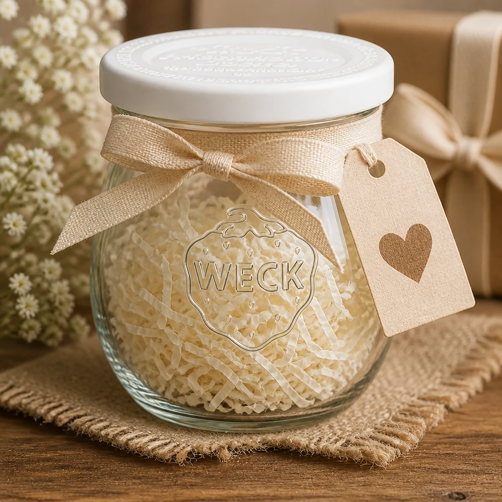 WECK tulp pot 220ml RR60 decoratief met lint en hart hanger - cadeau idee rustieke inmaak pot