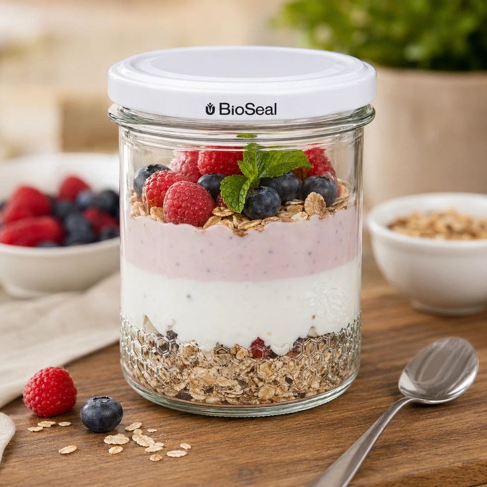 Honingpot 560 g met witte BioSeal UNiTWIST-deksel BioSeal honingpot 400 ml als granenkom met yoghurt, bessen en granola toont veelzijdig keukengebruik