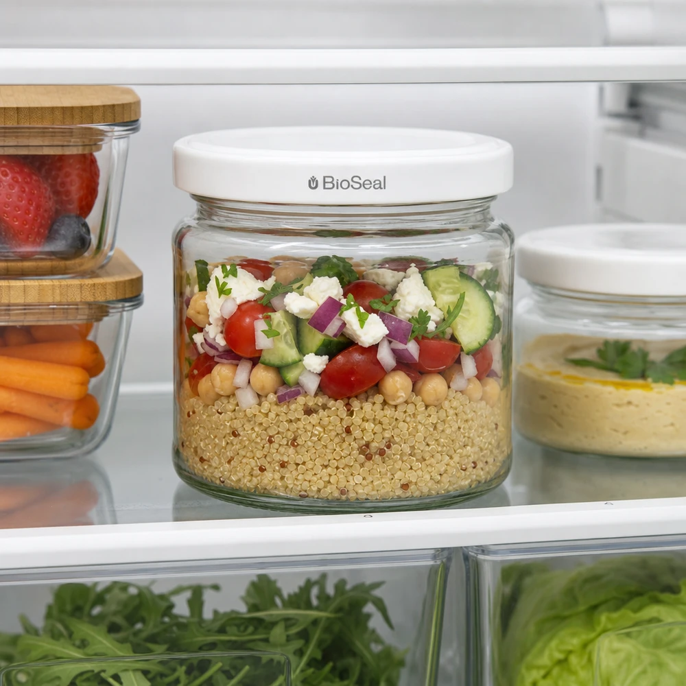 UNiTWIST Runda212 voorraadpot in de koelkast gevuld met quinoasalade toont praktisch meal prep gebruik