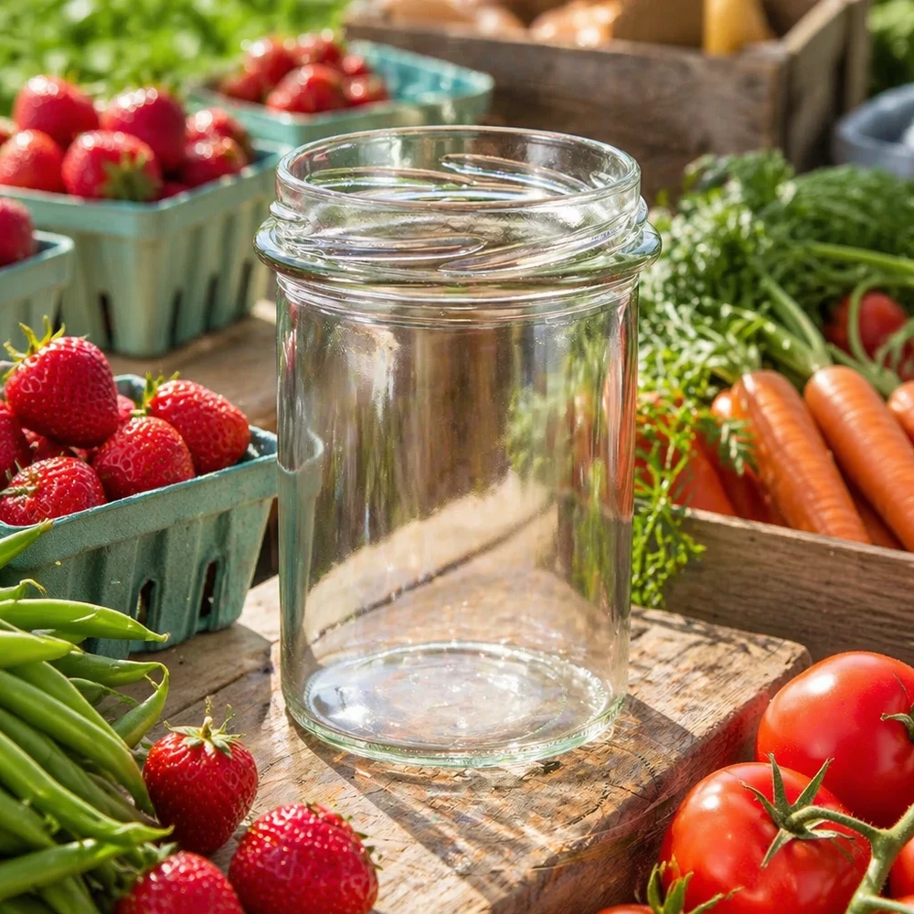 230ml beker zonder deksel (TO66) UNiTWIST UNiTWIST Sturz230 tumblers 230ml TO66 lege inmaakpot op houten plank omringd door verse aardbeien tomaten wortelen