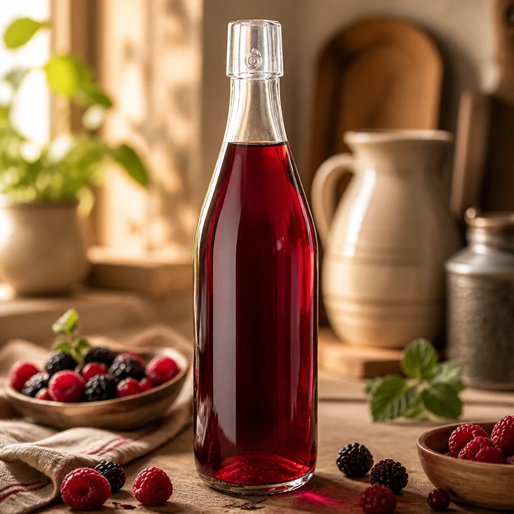 500 ml glazen fles zonder draaidop UNiTWIST 500 ml UNiTWIST glazen fles gevuld met rode bessensap als lifestyle toepassing in een rustieke keuken