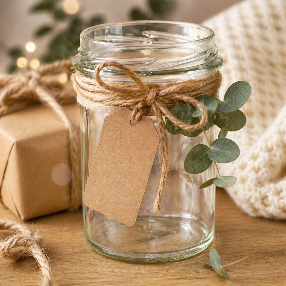 230ml beker zonder deksel (TO66) UNiTWIST Lege bekers 230ml TO66 gedecoreerd met jute koord en eucalyptus op houten tafel